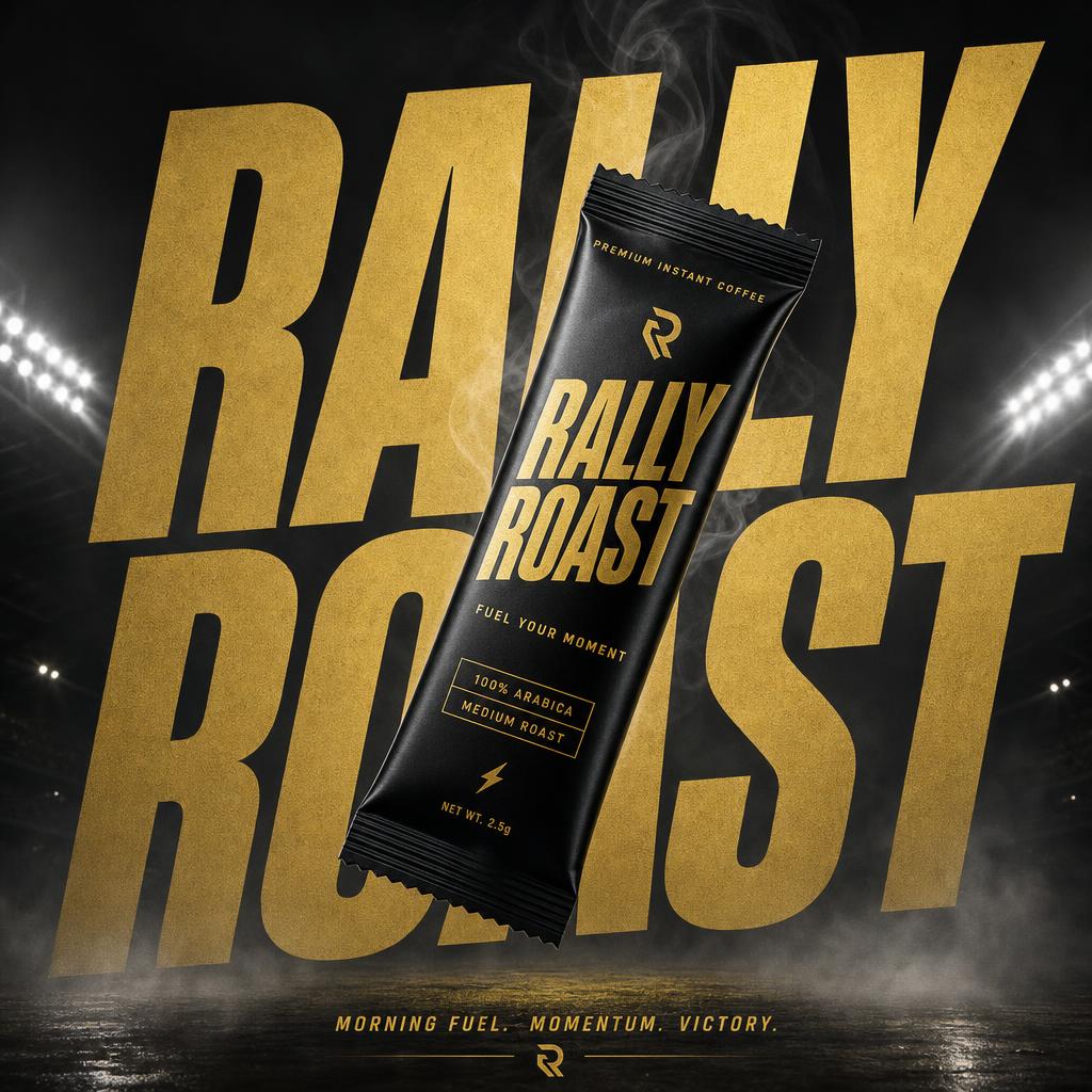 RallyRoast instant coffee stick pack — sideline stadium poster